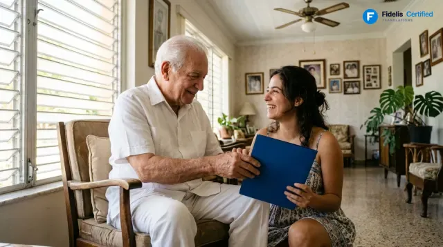 A family from Cuba reviewing their certified translation in a Fidelis blue folder