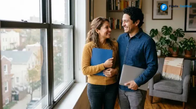 A family from Ecuador reviewing their certified translation in a Fidelis blue folder