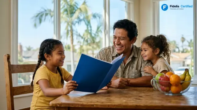 A family from El Salvador reviewing their certified translation in a Fidelis blue folder