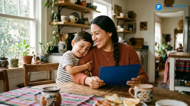A family from Guatemala reviewing their certified translation in a Fidelis blue folder
