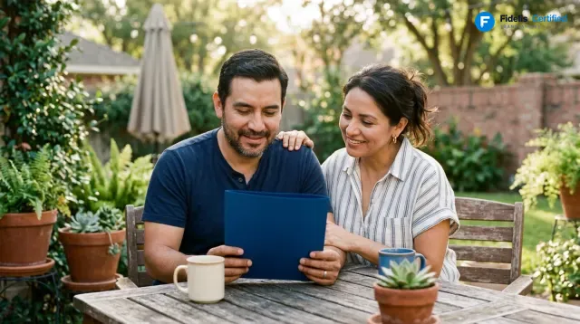 A family from Mexico reviewing their certified translation in a Fidelis blue folder