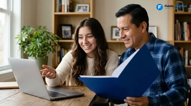 A family from Peru reviewing their certified translation in a Fidelis blue folder