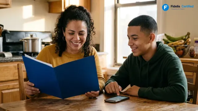 A family from Dominican Republic reviewing their certified translation in a Fidelis blue folder
