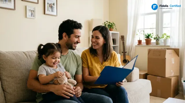 A family from Venezuela reviewing their certified translation in a Fidelis blue folder