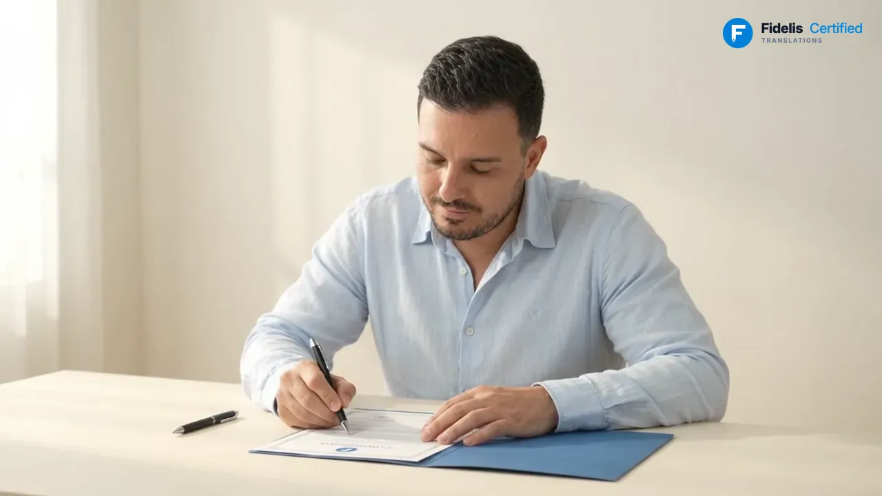 Jorge Cardona signing a certificate of translation accuracy