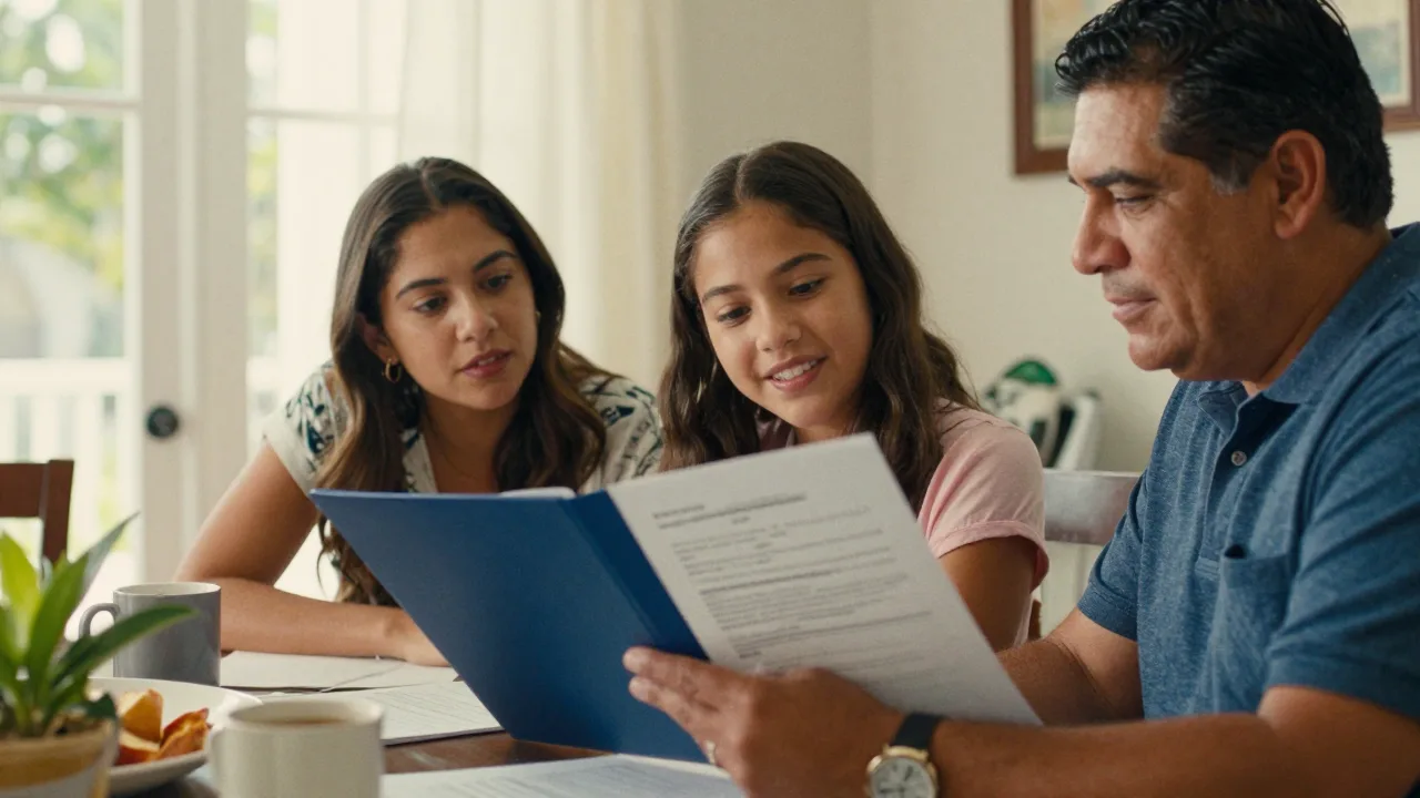 A family reviews their certified translation in the Fidelis blue folder