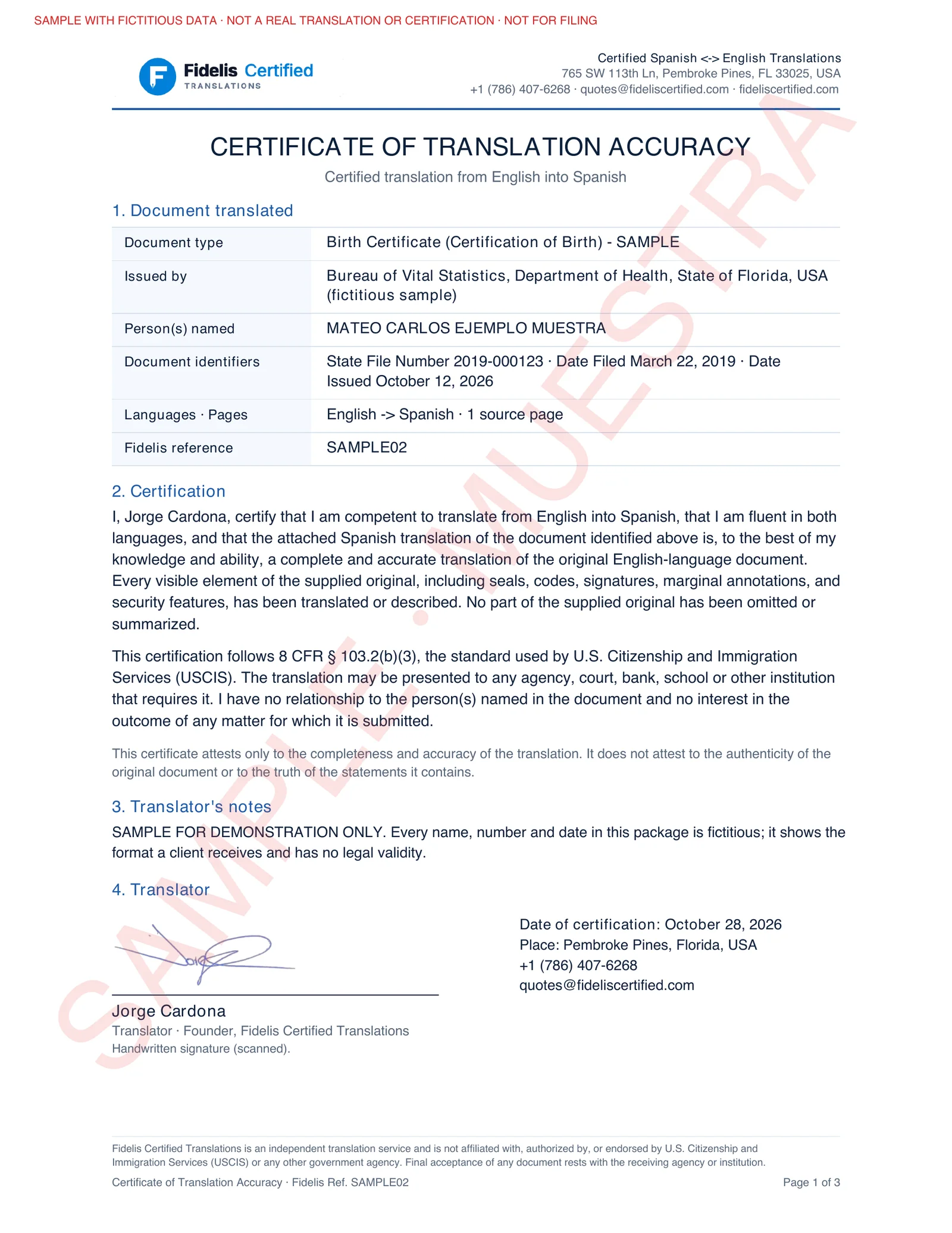 3. Signed Certificate of Translation Accuracy