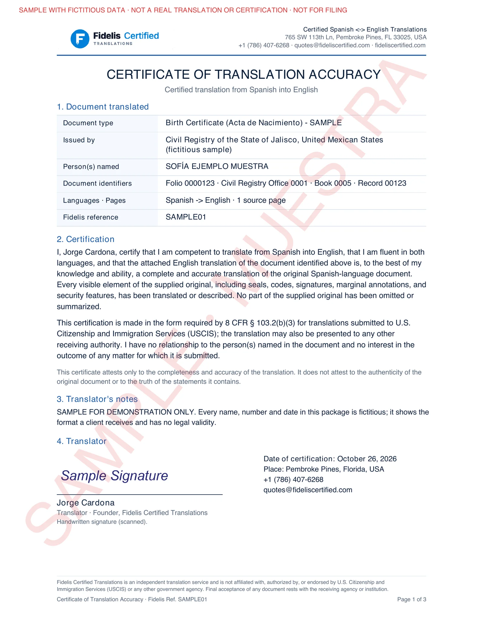 3. Signed Certificate of Translation Accuracy