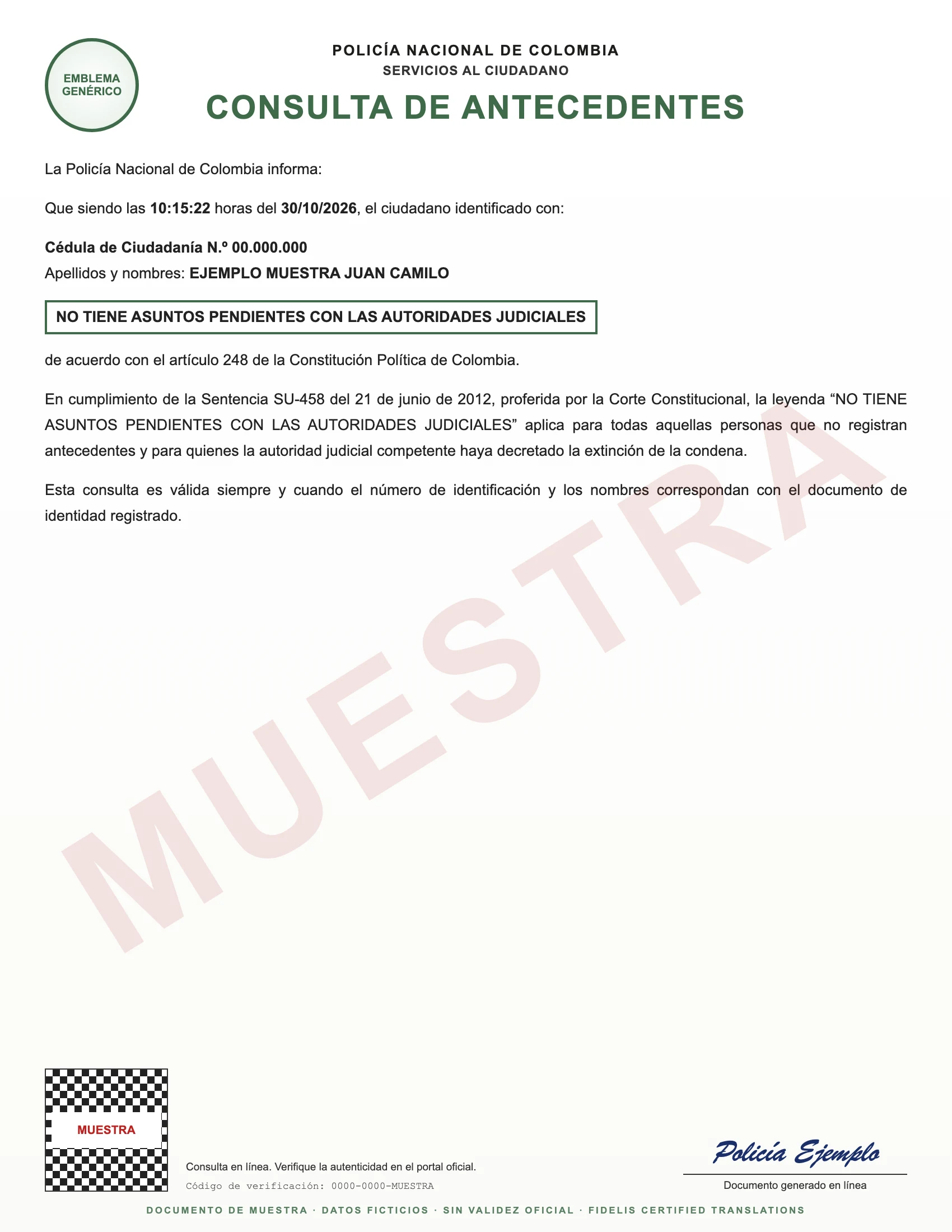 Sample with fictitious data: consulta de antecedentes de la Policía Nacional de Colombia