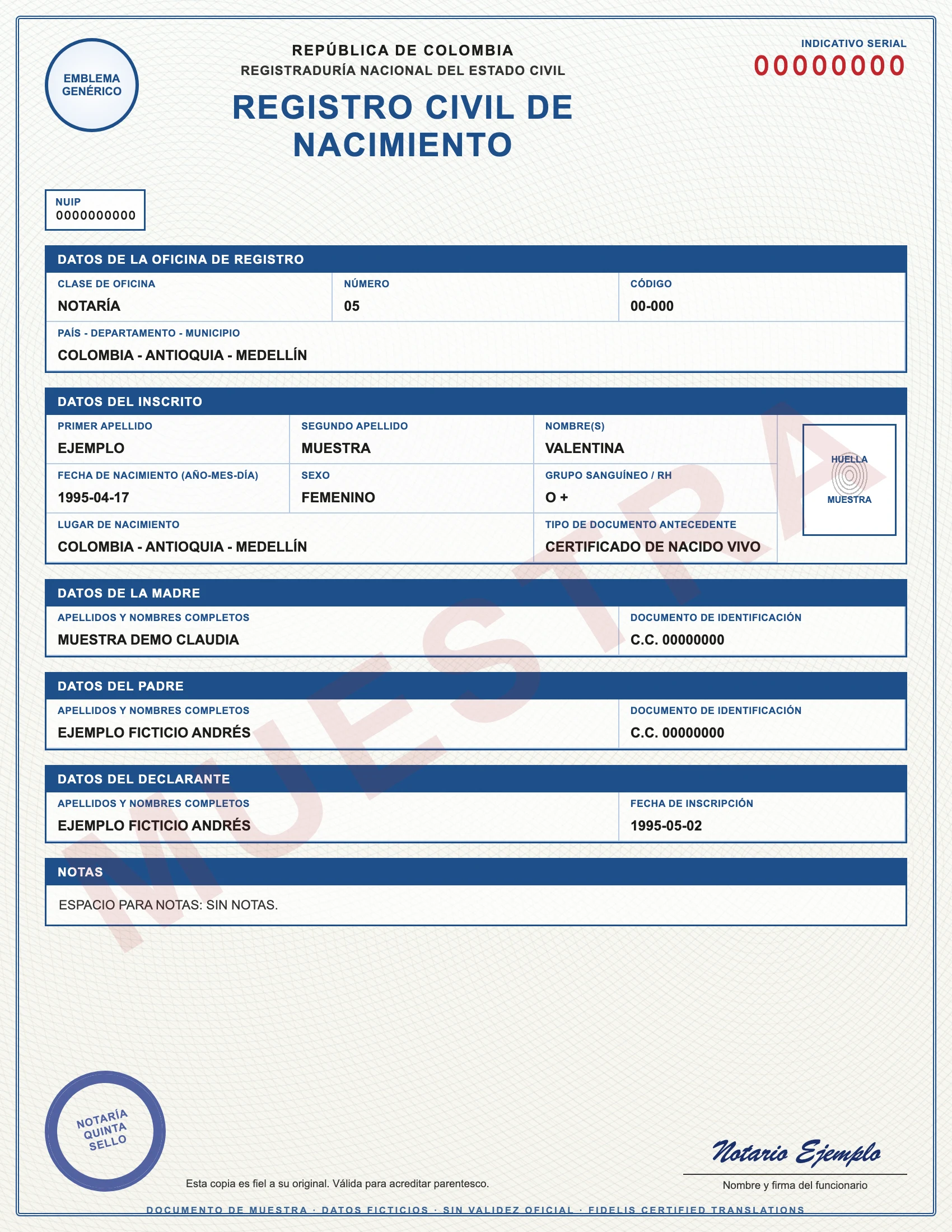 Sample with fictitious data: registro civil de nacimiento de Colombia