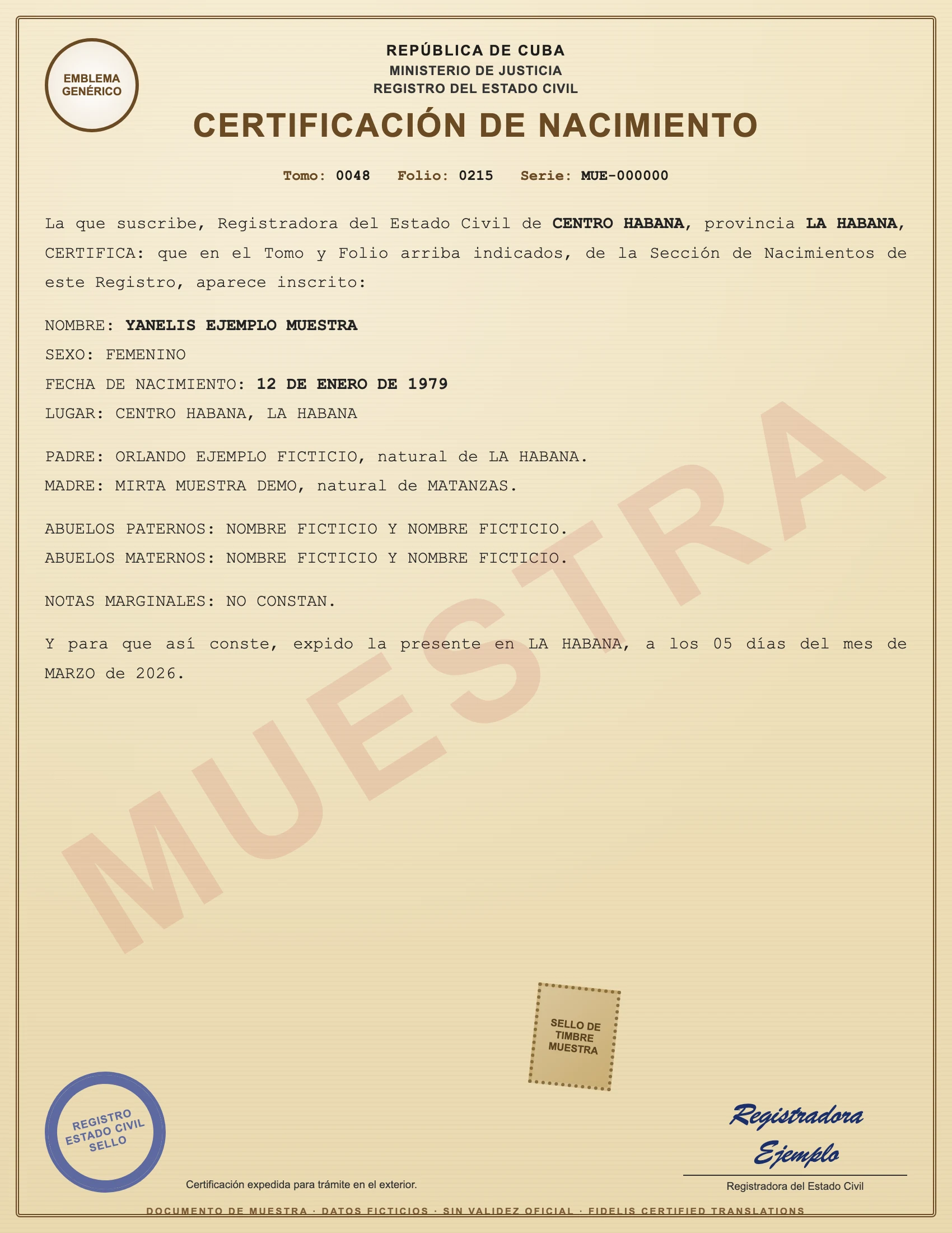 Sample with fictitious data: certificación de nacimiento de Cuba