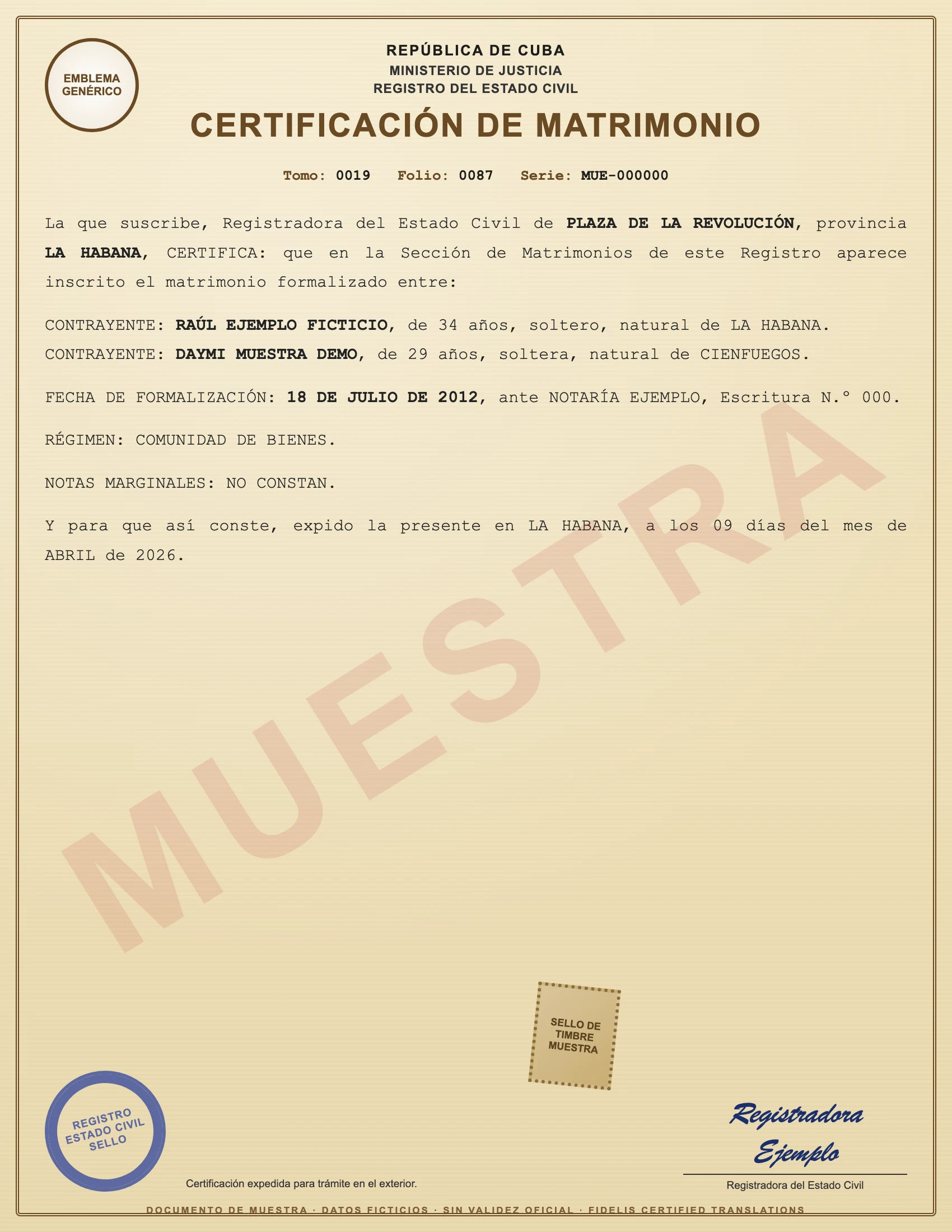 Sample with fictitious data: certificación de matrimonio de Cuba