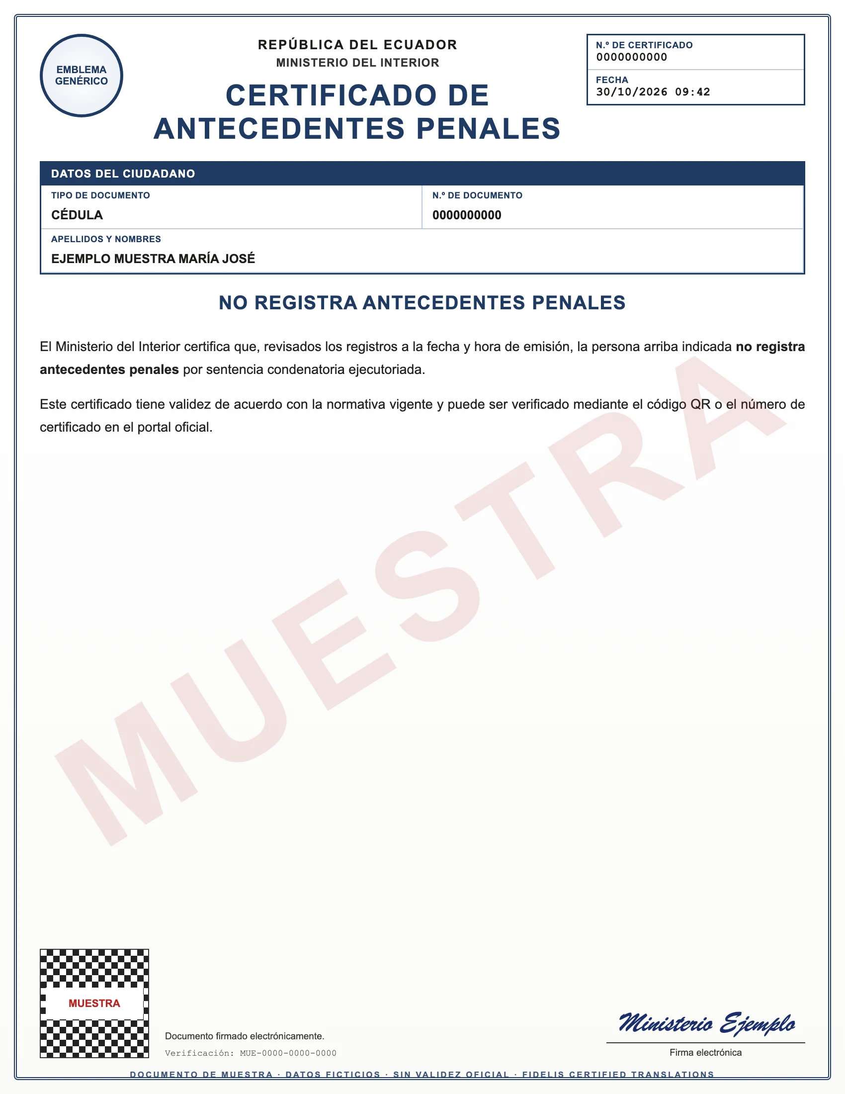 Sample with fictitious data: certificado de antecedentes penales de Ecuador