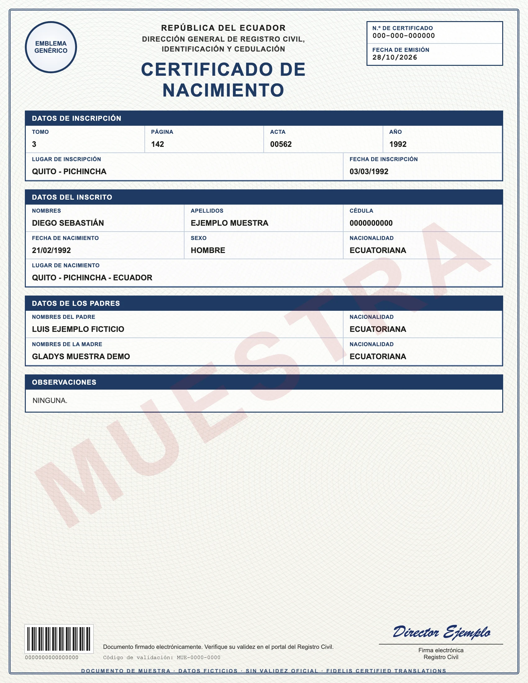 Sample with fictitious data: certificado de nacimiento de Ecuador