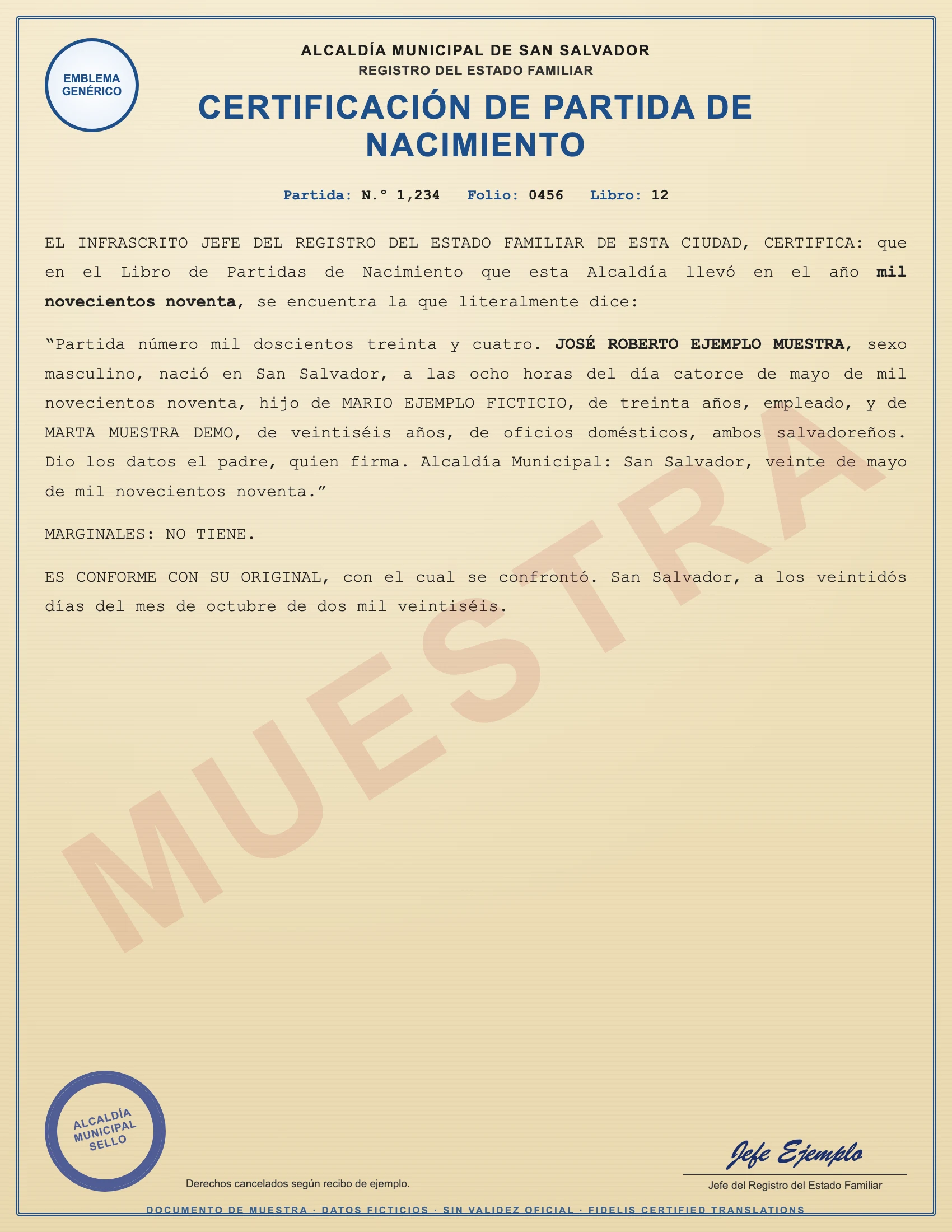 Sample with fictitious data: partida de nacimiento de El Salvador