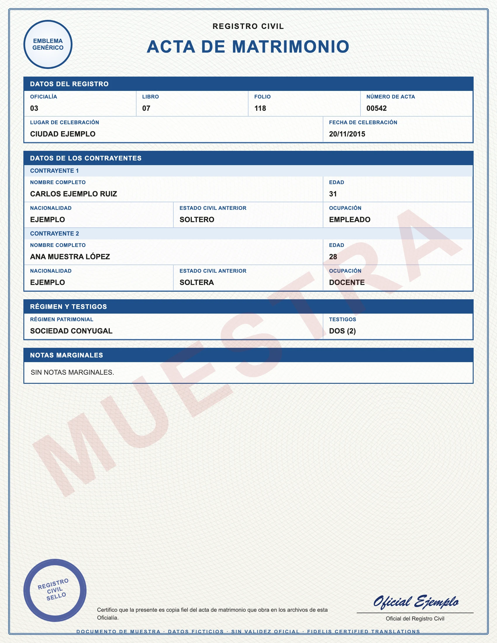Sample with fictitious data: acta de matrimonio