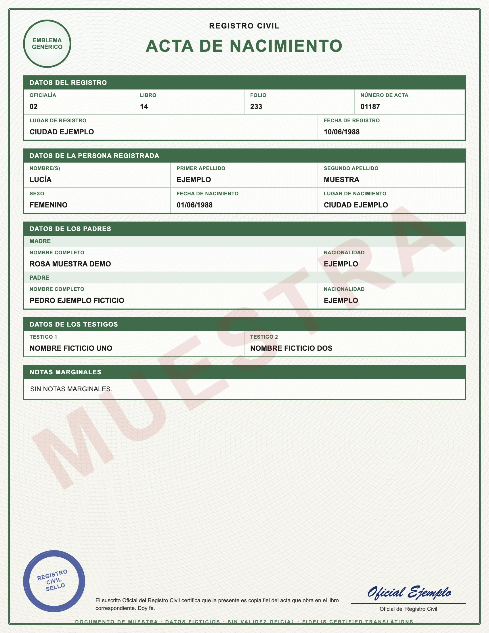 Sample with fictitious data: acta de nacimiento