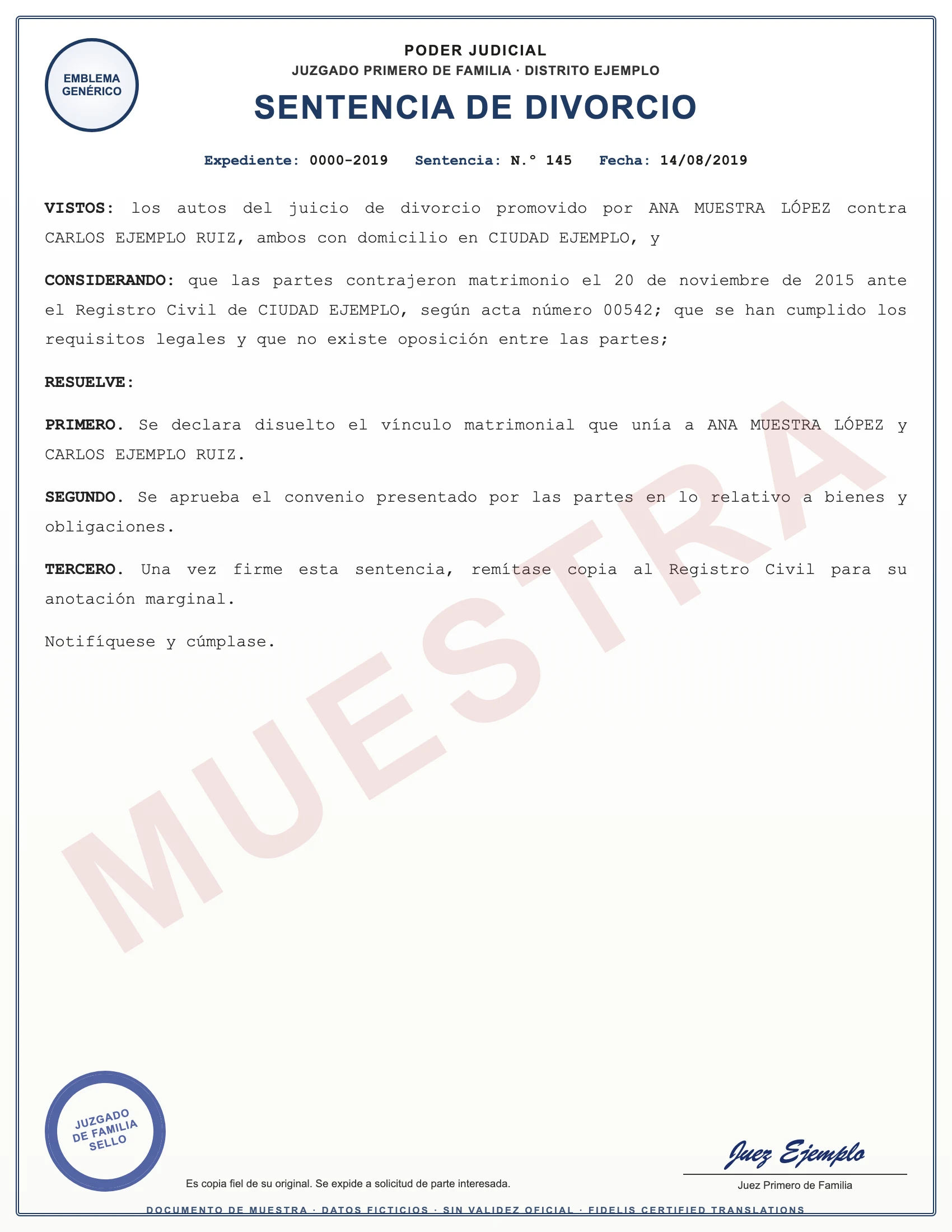Sample with fictitious data: sentencia de divorcio