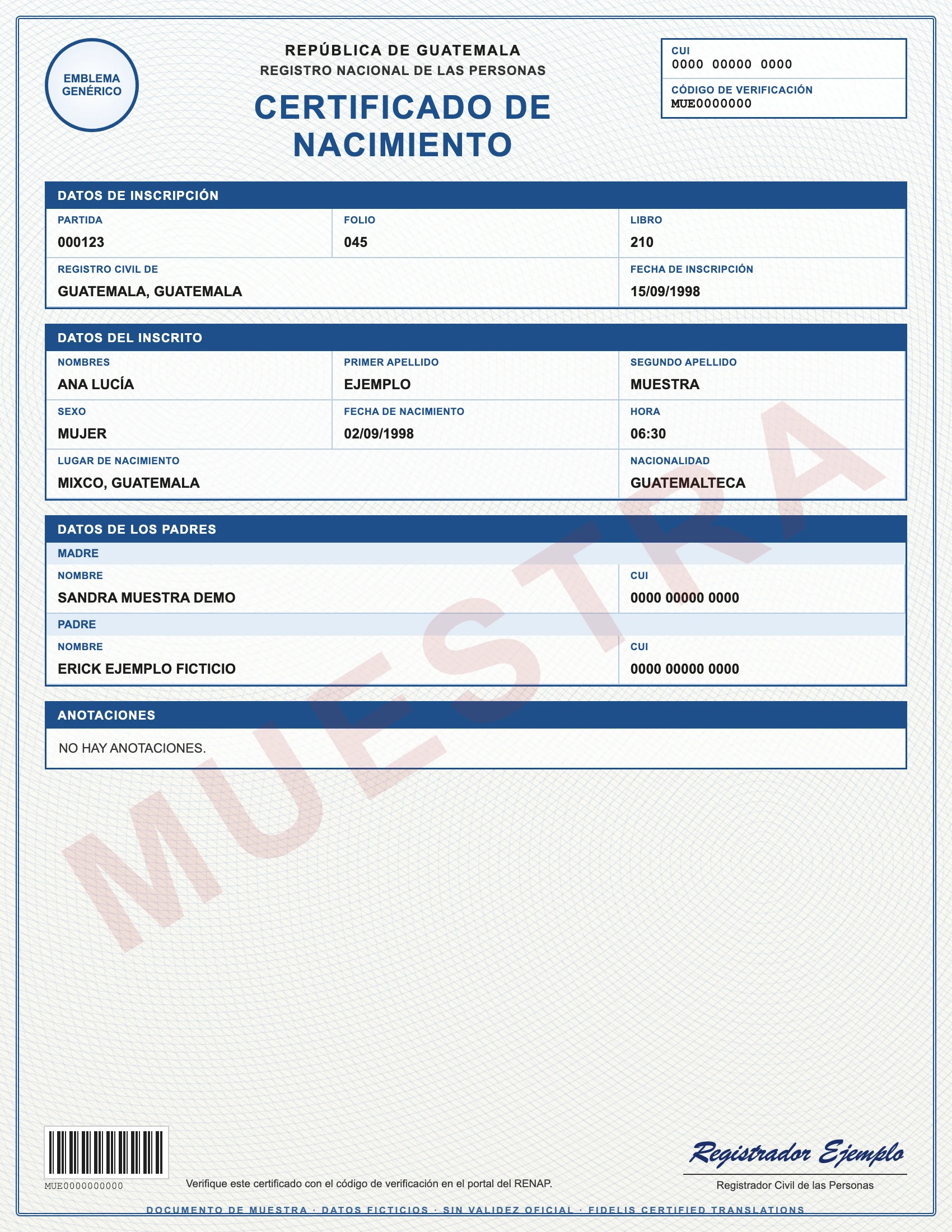 Sample with fictitious data: certificado de nacimiento RENAP de Guatemala
