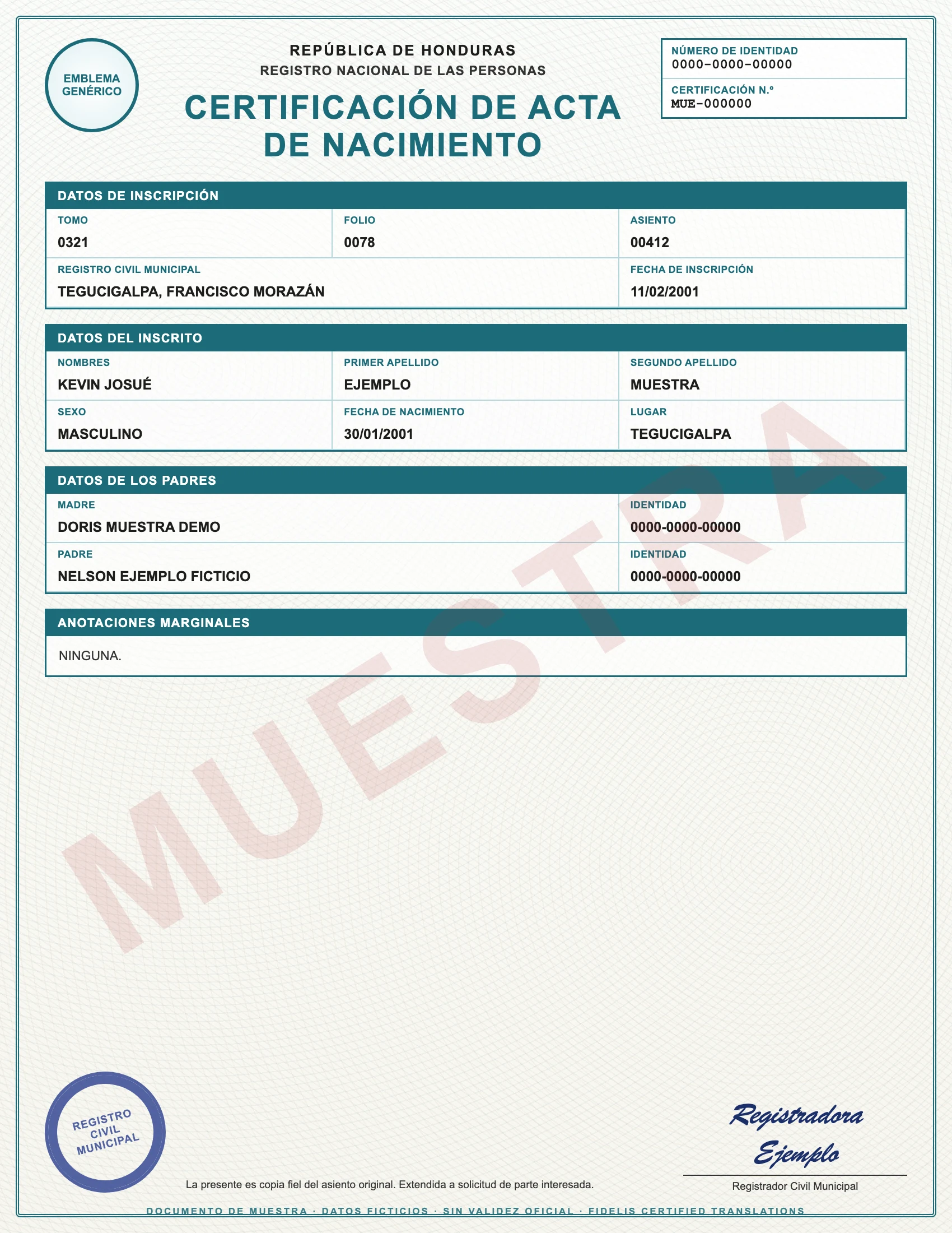 Sample with fictitious data: certificación de acta de nacimiento RNP de Honduras