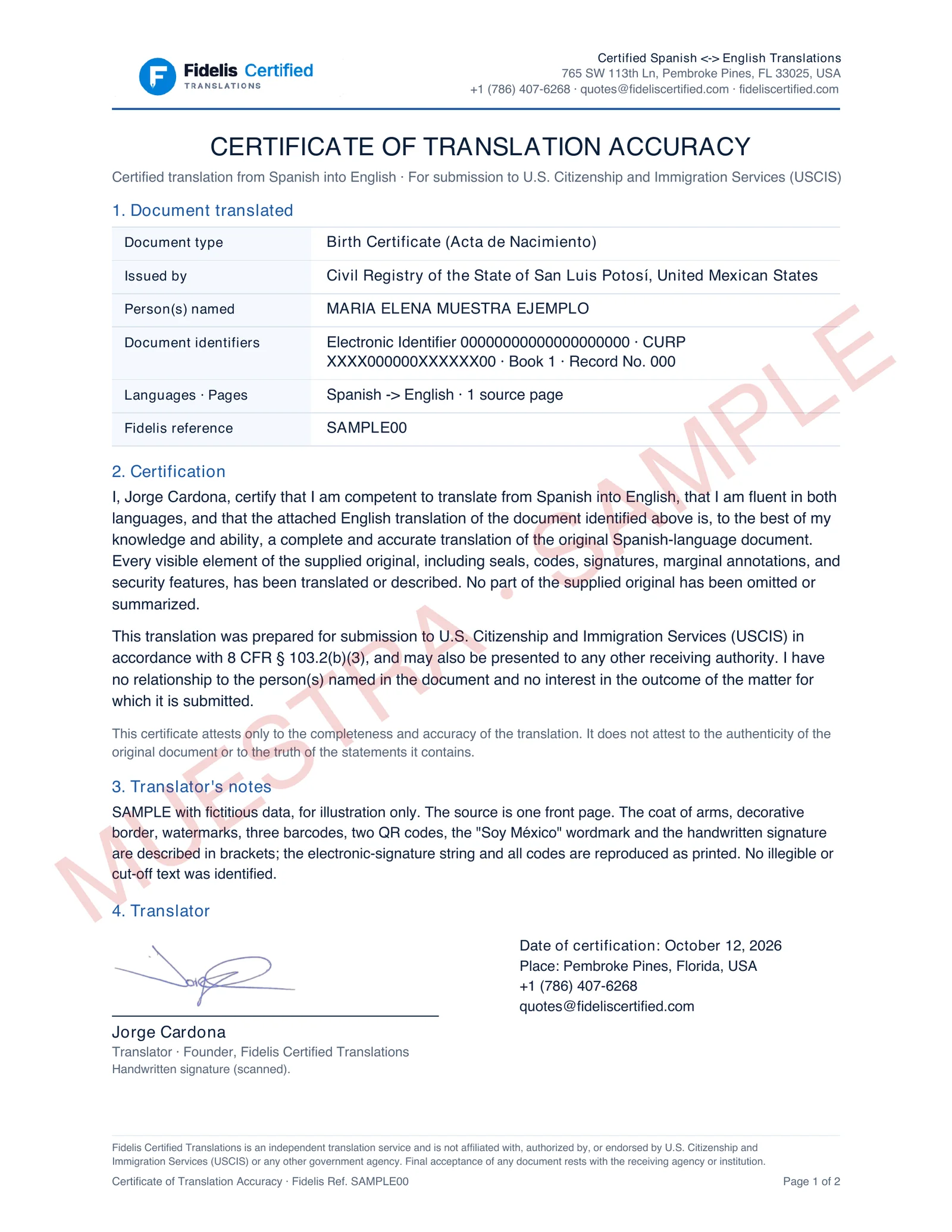 2. Signed Certificate of Translation Accuracy