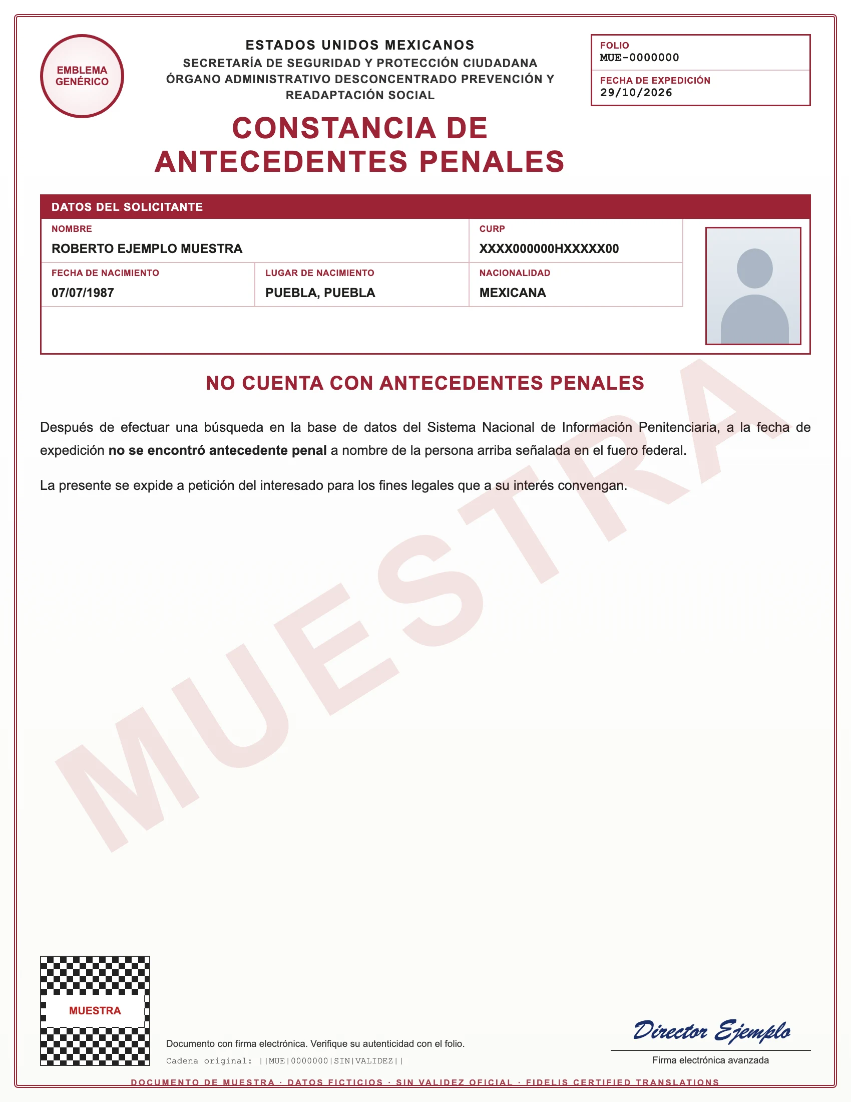 Sample with fictitious data: constancia de antecedentes penales de México