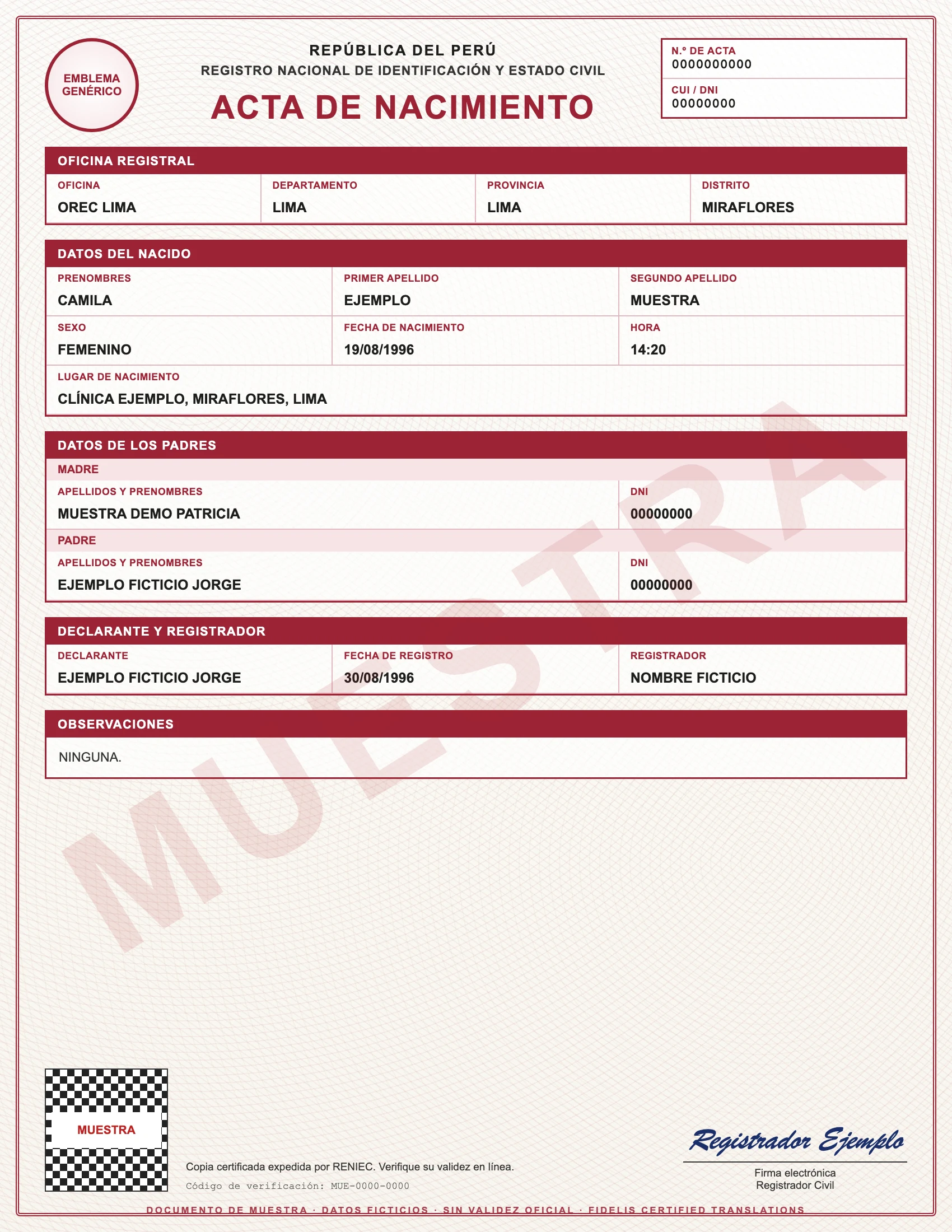 Sample with fictitious data: acta de nacimiento RENIEC de Perú