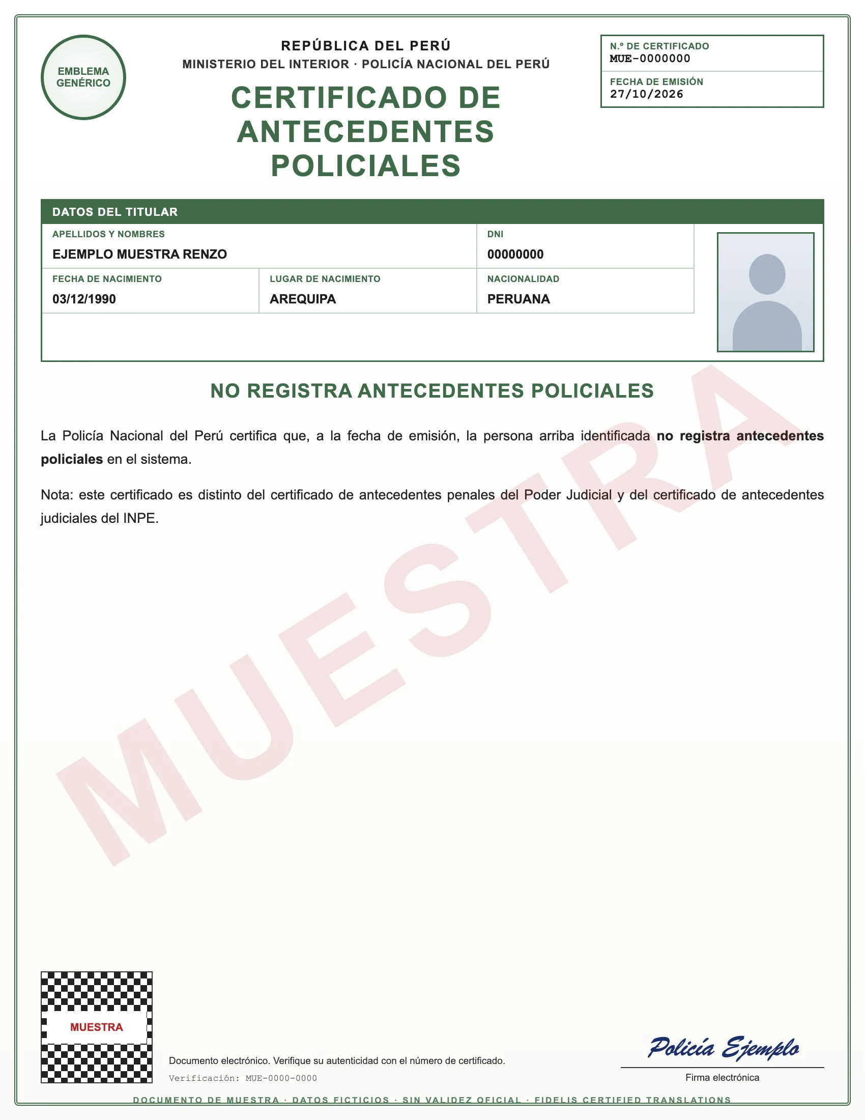 Sample with fictitious data: certificado de antecedentes policiales de Perú