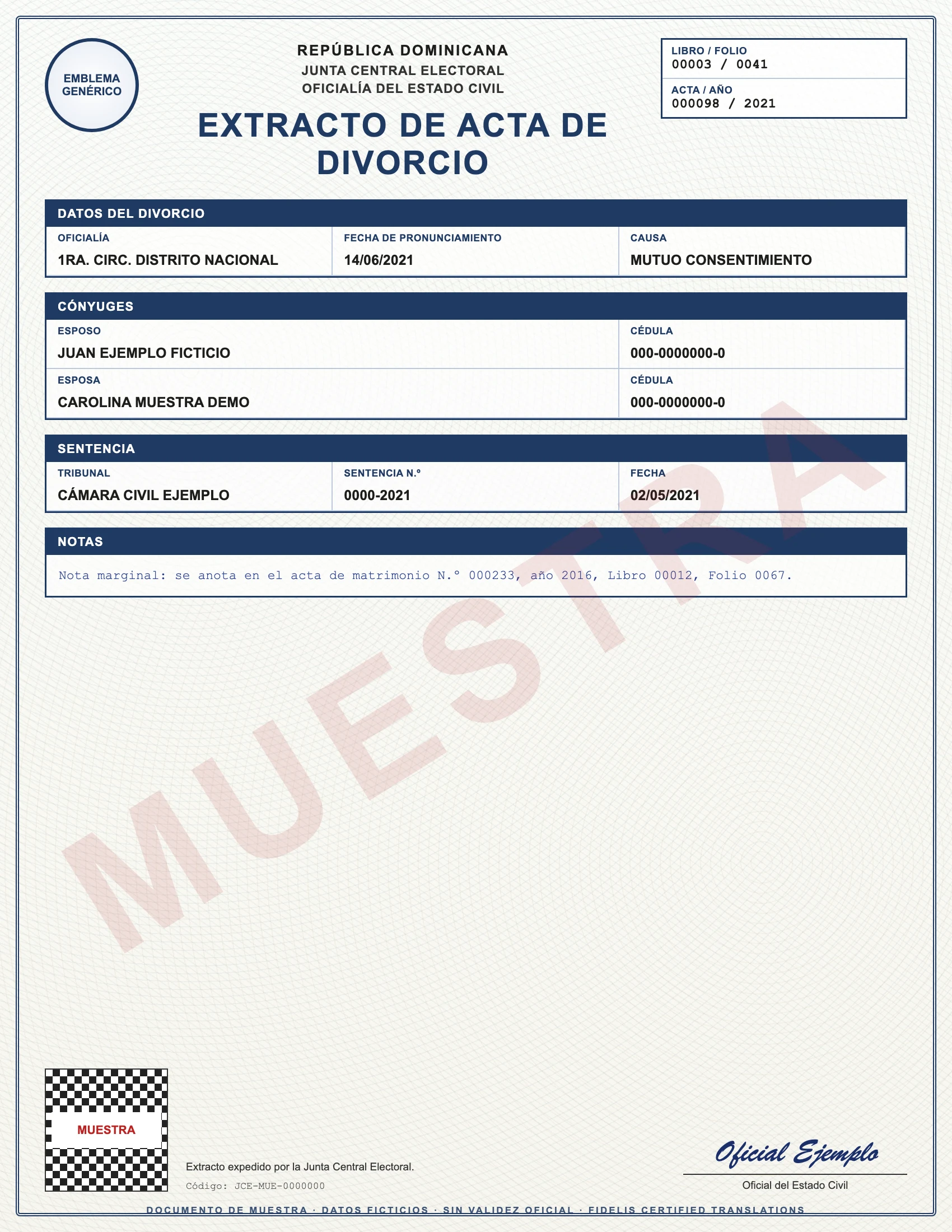 Sample with fictitious data: extracto de acta de divorcio de República Dominicana
