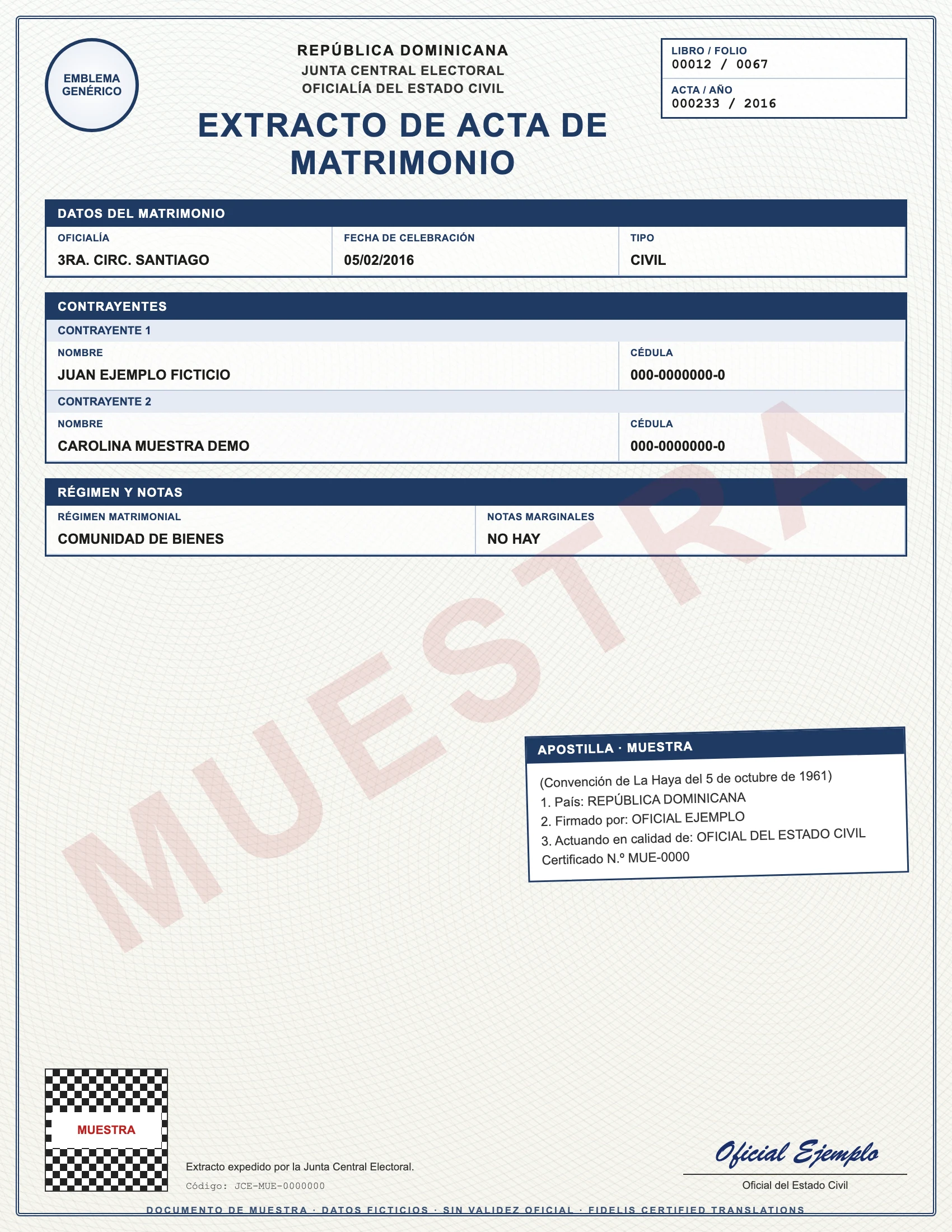 Sample with fictitious data: extracto de acta de matrimonio de República Dominicana