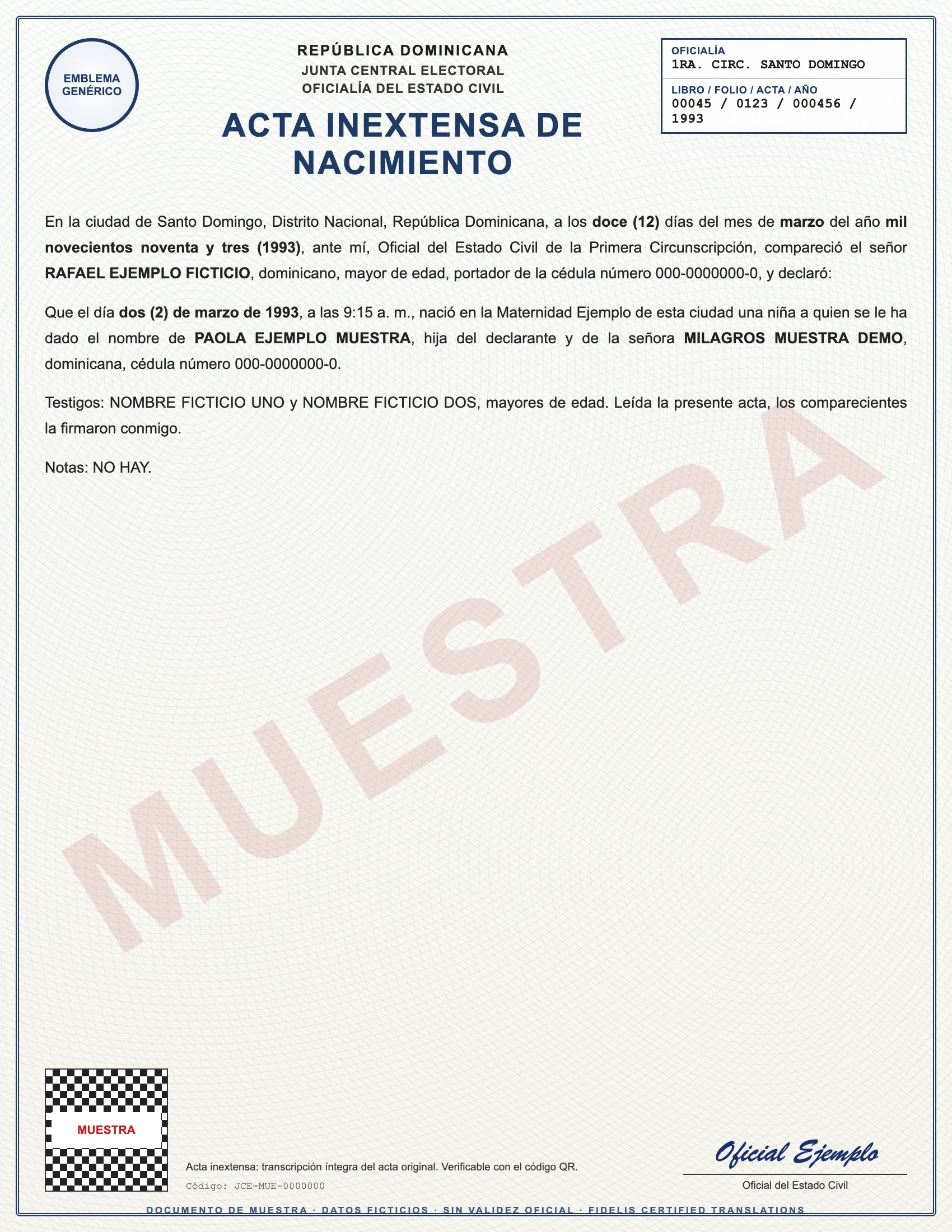 Sample with fictitious data: acta inextensa de nacimiento de República Dominicana