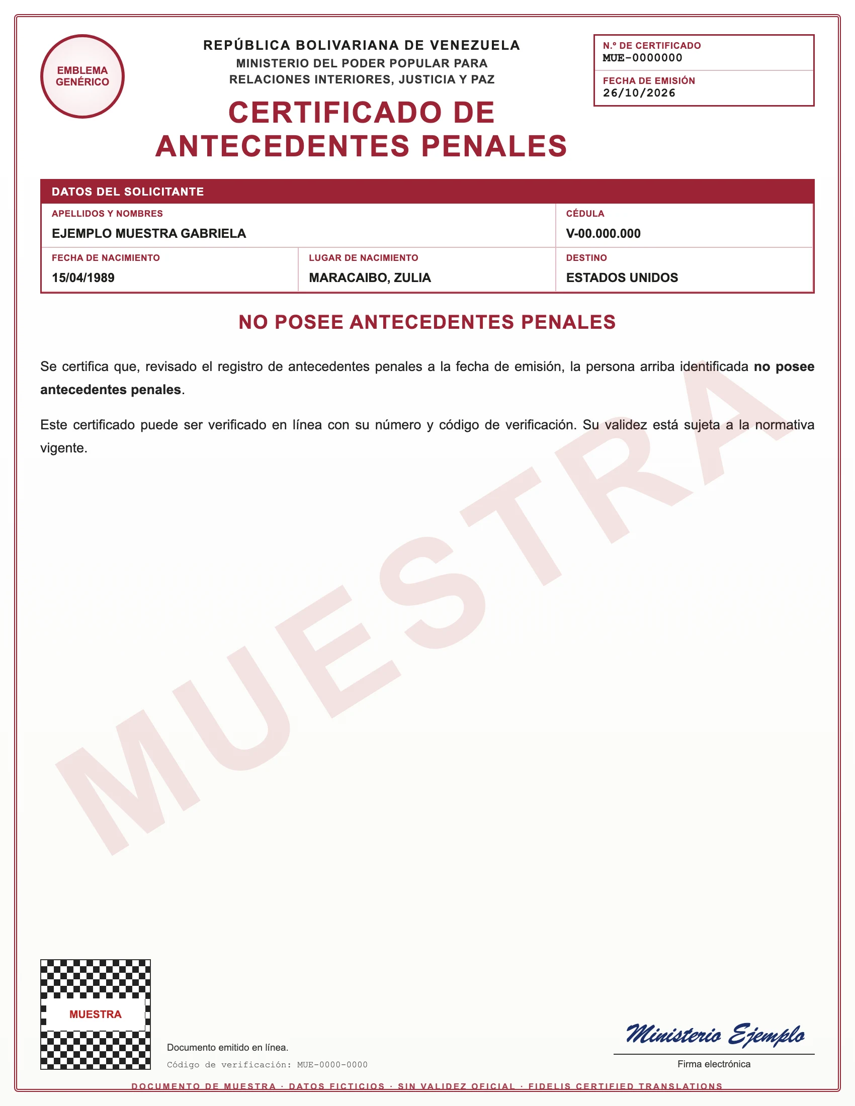 Sample with fictitious data: certificado de antecedentes penales de Venezuela