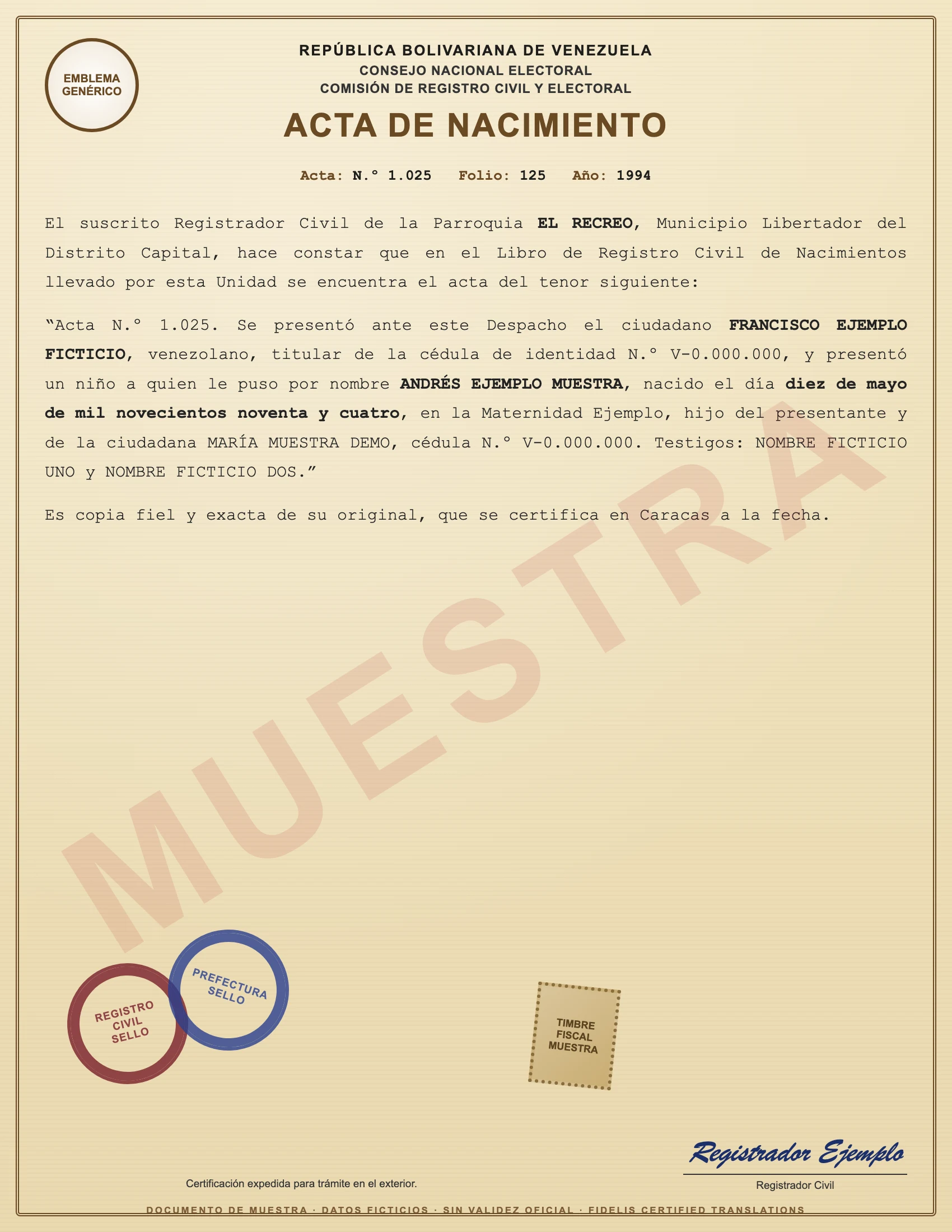 Sample with fictitious data: acta de nacimiento de Venezuela