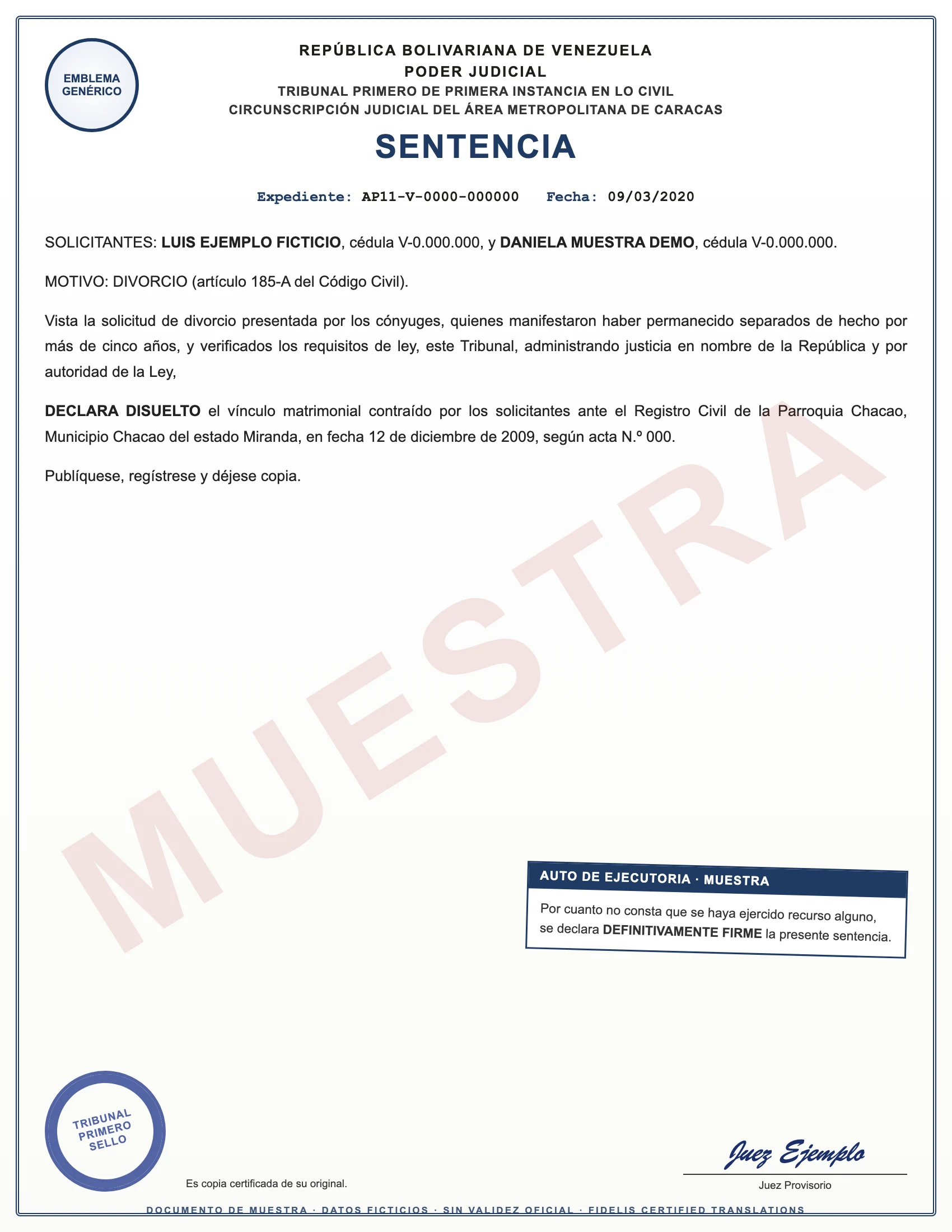 Sample with fictitious data: sentencia de divorcio de un tribunal de Venezuela