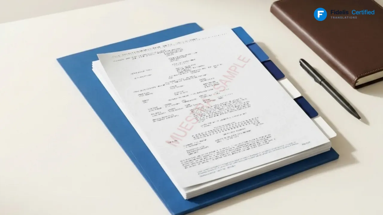 Certified translation in mirror layout on a Fidelis blue folder