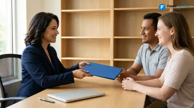 Certified translation for law firms and courts, delivered in a Fidelis blue folder
