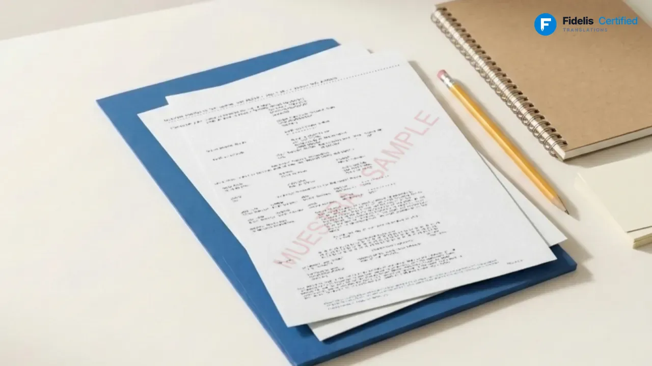 Certified translation in mirror layout on a Fidelis blue folder
