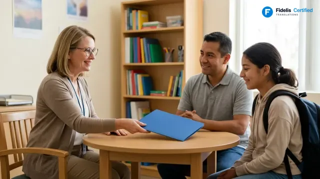 Certified translation for education, delivered in a Fidelis blue folder