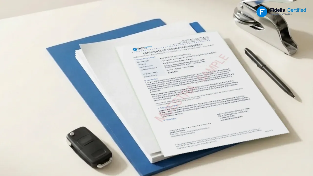 Certified translation in mirror layout on a Fidelis blue folder