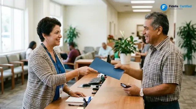 Certified translation for government, delivered in a Fidelis blue folder