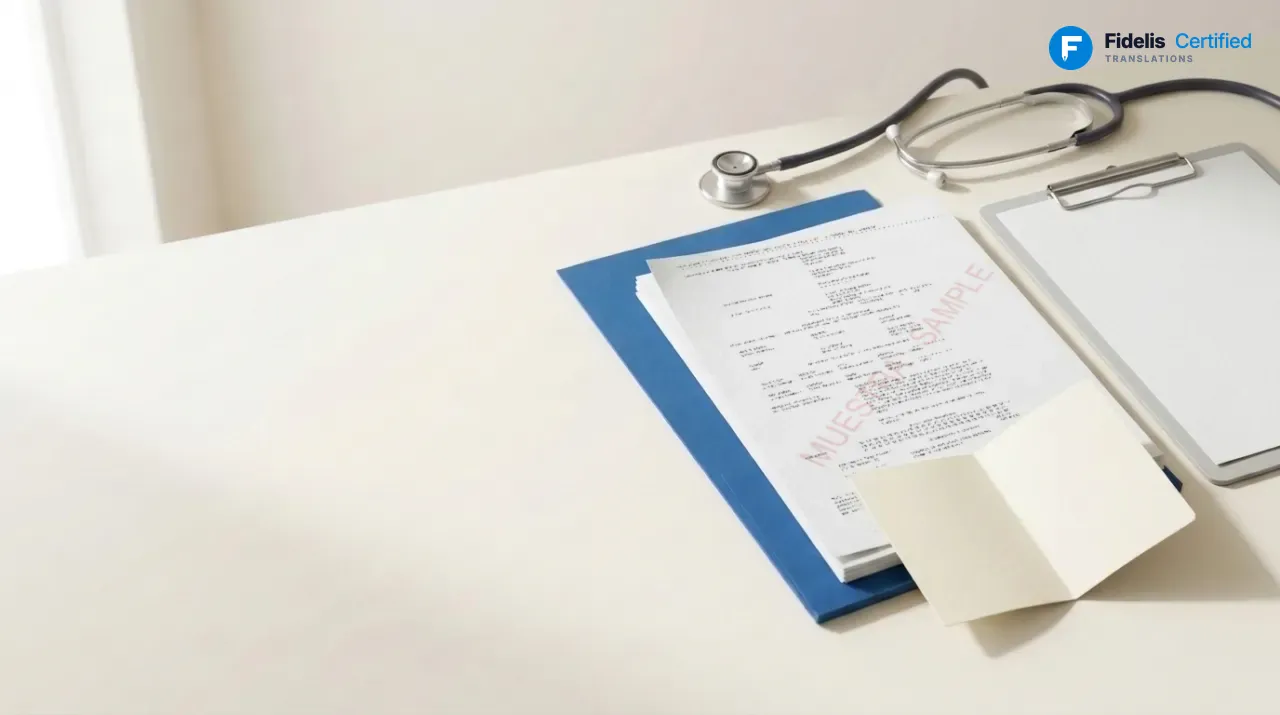 Certified translation in mirror layout on a Fidelis blue folder