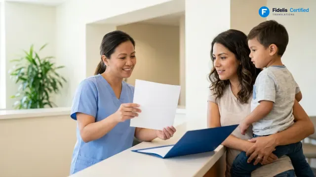 Certified translation for healthcare, delivered in a Fidelis blue folder
