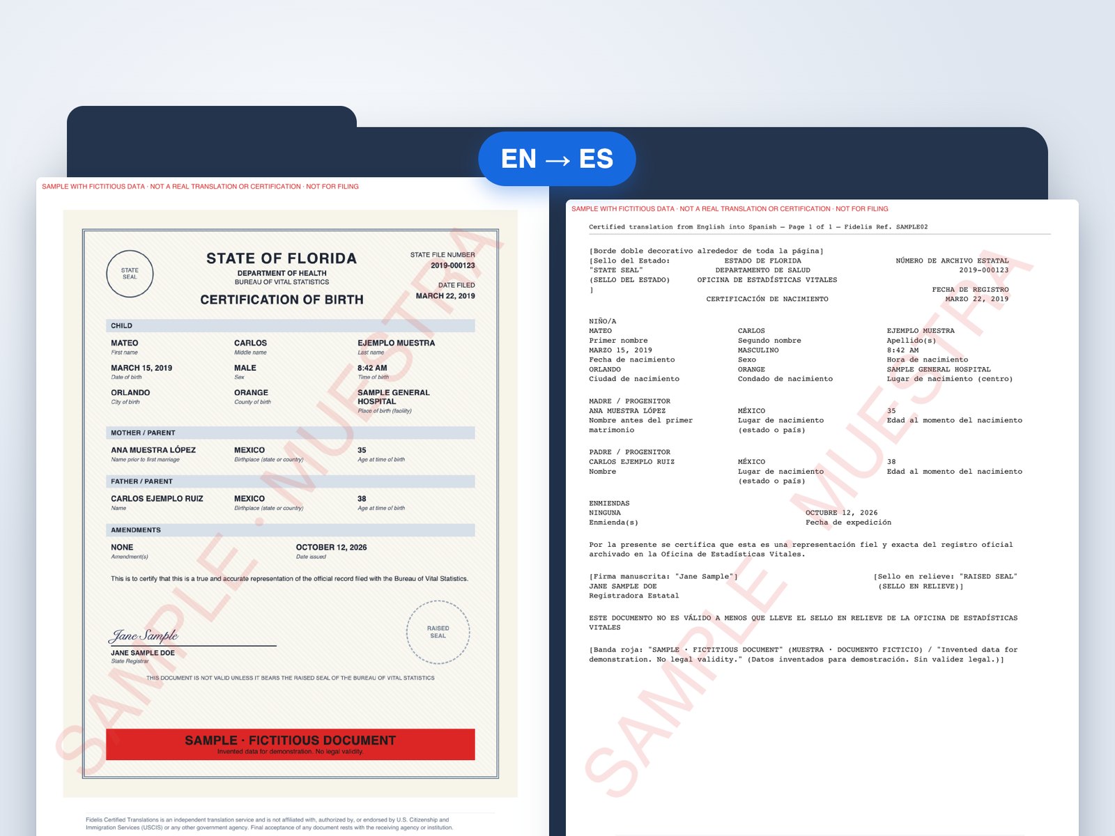 Sample with fictitious data: a Florida birth certificate and its certified Spanish translation