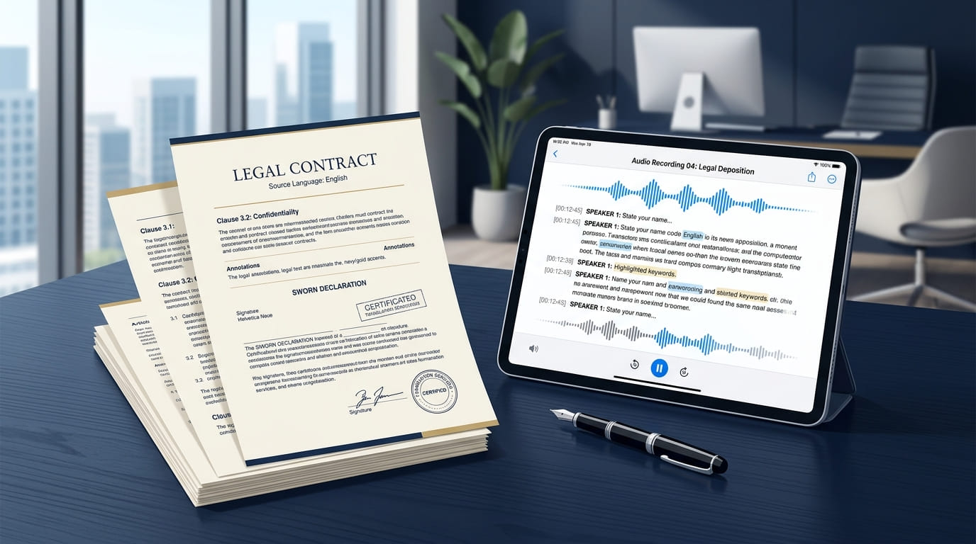 Contratos legales, declaraciones juradas y transcripción verbatim en tableta digital