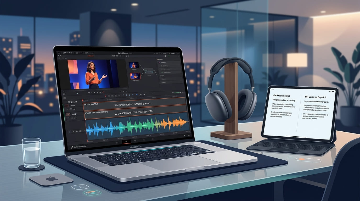 Estación de trabajo con edición de subtítulos bilingües y forma de onda de audio